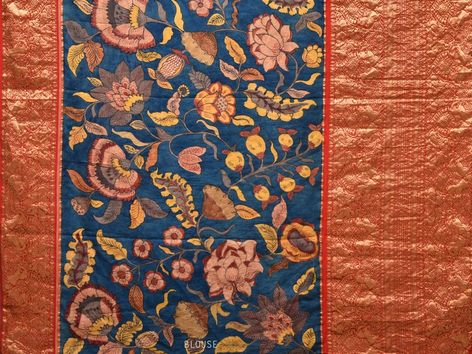 Blue and Red Kalamkari Hand Painted Kanchipuram Silk Handloom Saree with Floral Design KL0456
