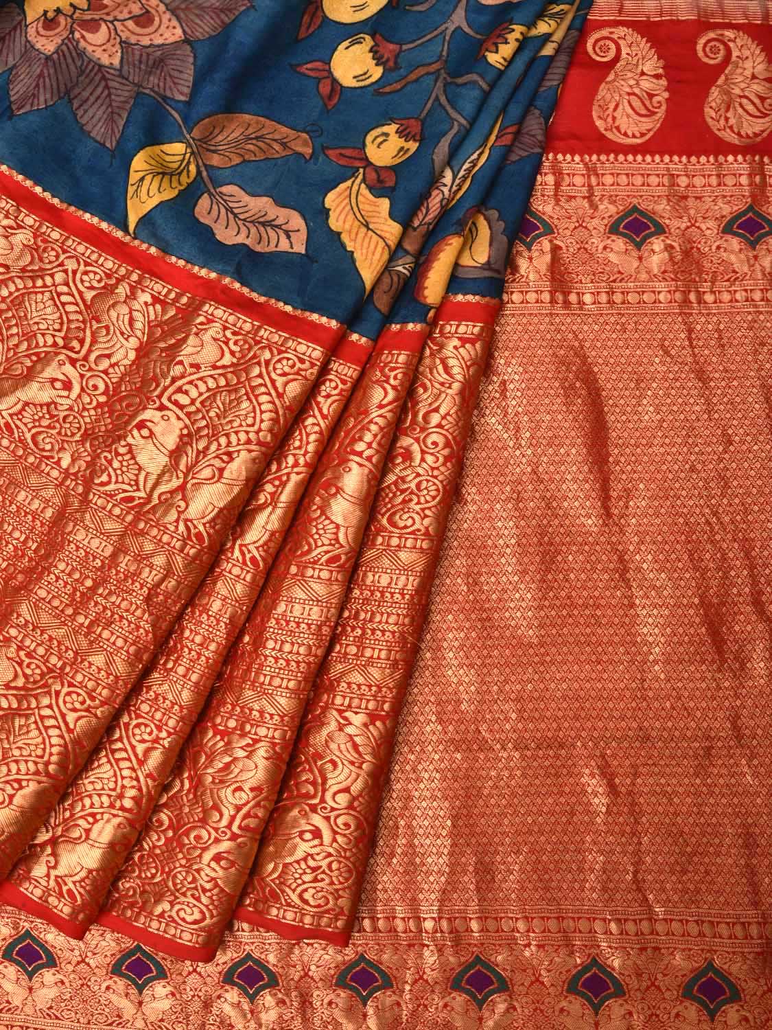Blue and Red Kalamkari Hand Painted Kanchipuram Silk Handloom Saree with Floral Design KL0456