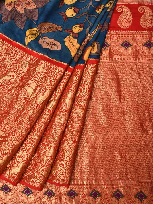 Blue and Red Kalamkari Hand Painted Kanchipuram Silk Handloom Saree with Floral Design KL0456