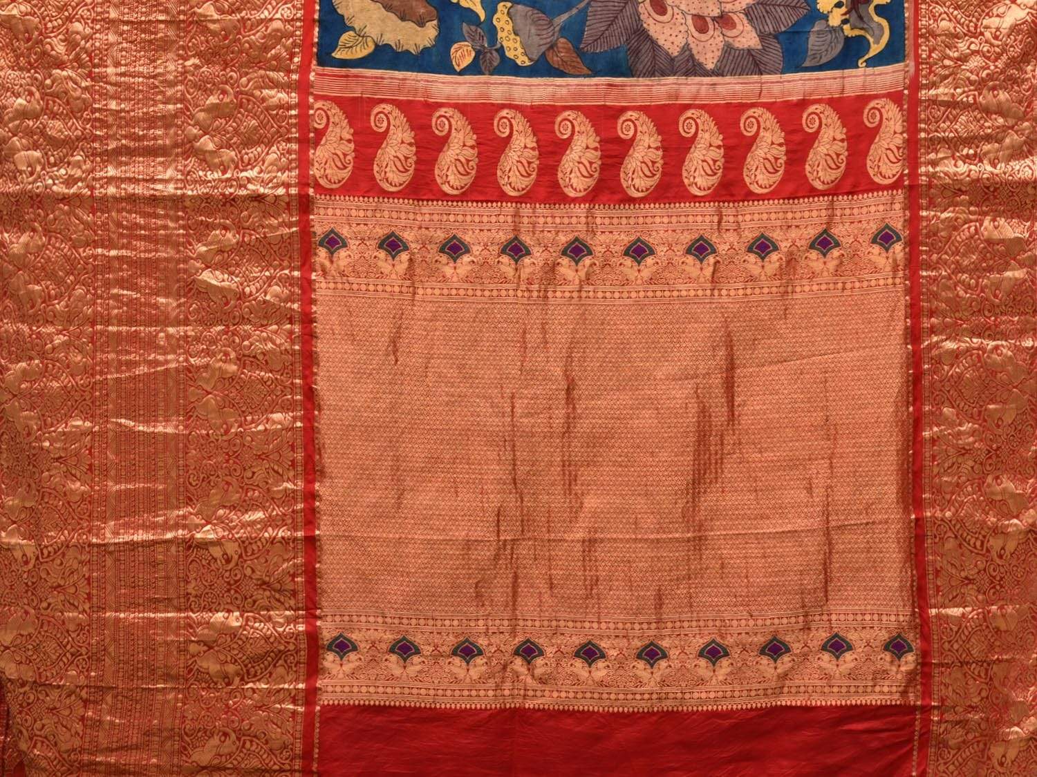Blue and Red Kalamkari Hand Painted Kanchipuram Silk Handloom Saree with Floral Design KL0456