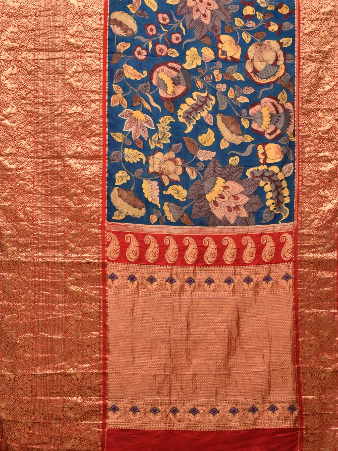 Blue and Red Kalamkari Hand Painted Kanchipuram Silk Handloom Saree with Floral Design KL0456