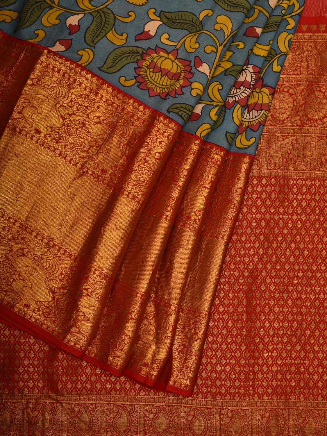 Blue and Red Kalamkari Hand Painted Kanchipuram Silk Handloom Saree with Lotus and Peacock Design KL0697