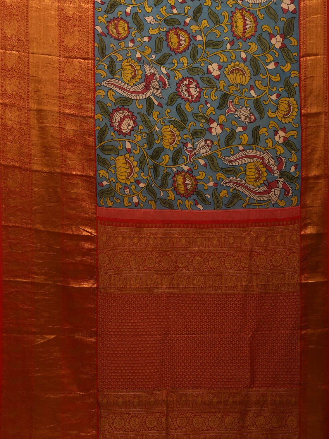 Blue and Red Kalamkari Hand Painted Kanchipuram Silk Handloom Saree with Lotus and Peacock Design KL0697