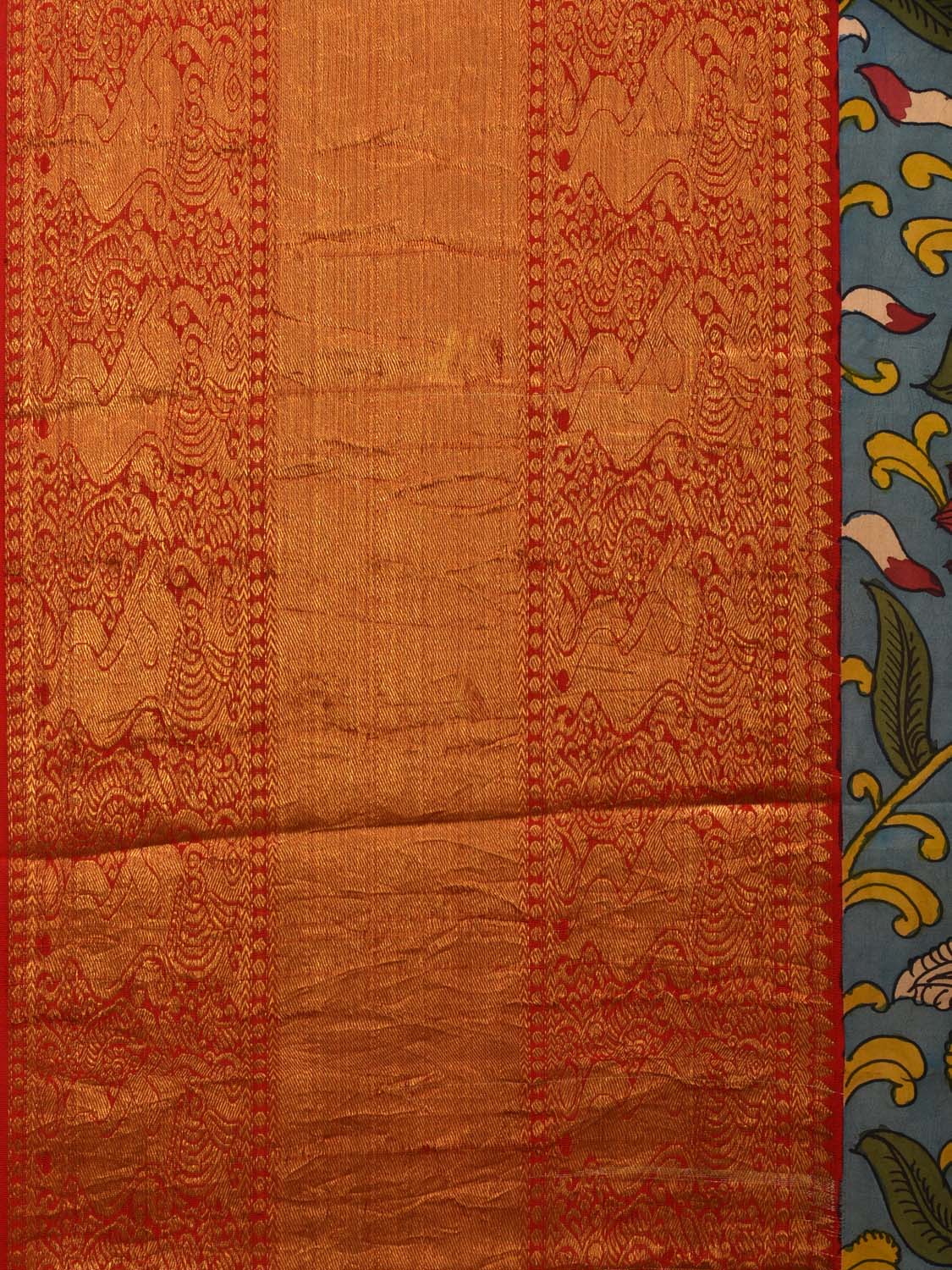 Blue and Red Kalamkari Hand Painted Kanchipuram Silk Handloom Saree with Lotus and Peacock Design KL0697