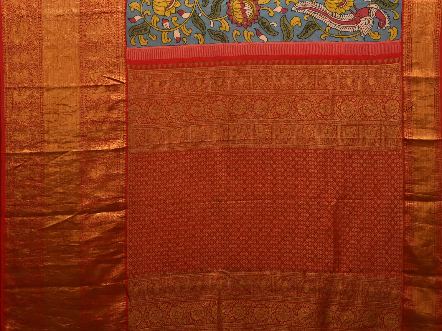 Blue and Red Kalamkari Hand Painted Kanchipuram Silk Handloom Saree with Lotus and Peacock Design KL0697
