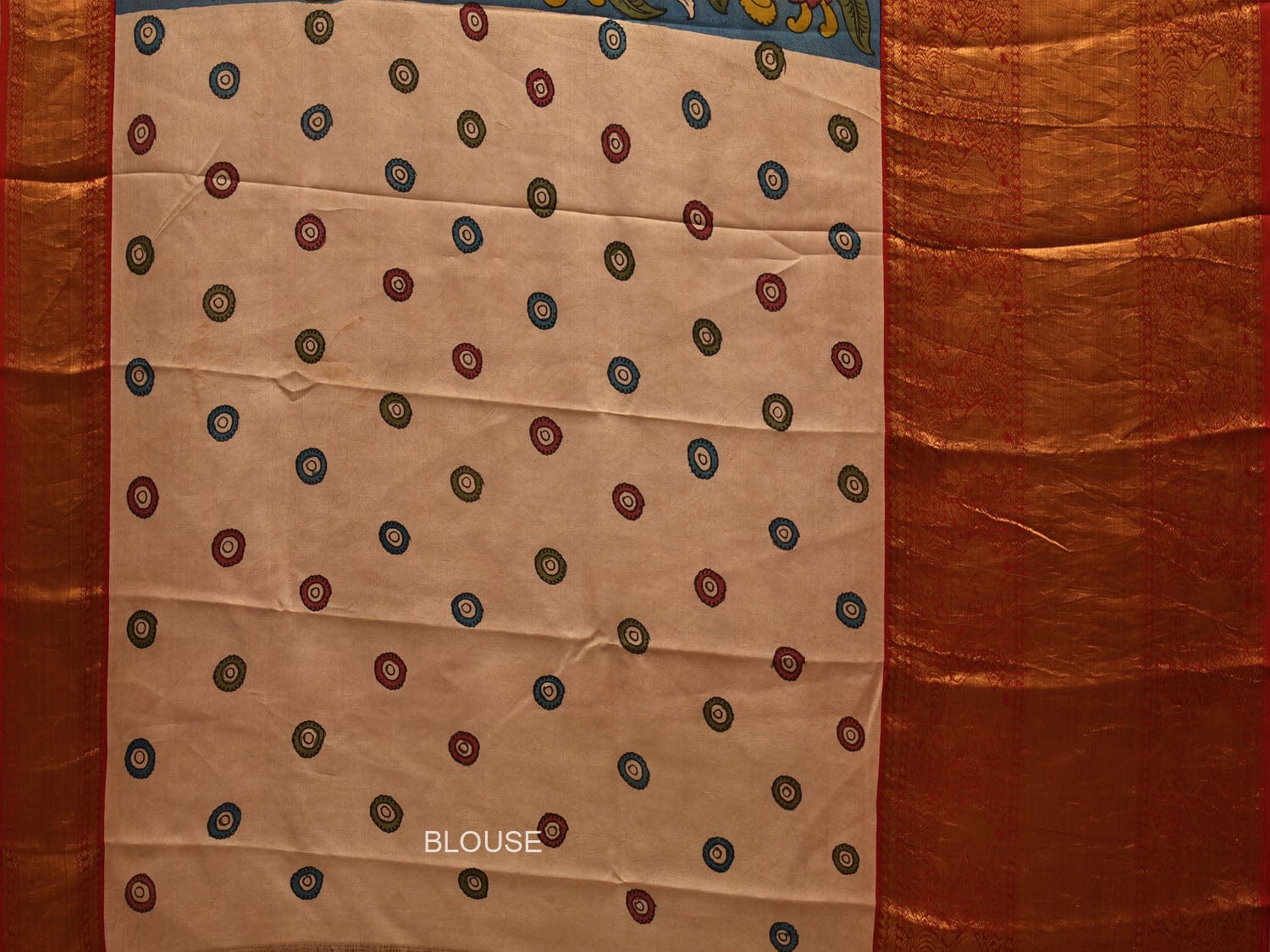 Blue and Red Kalamkari Hand Painted Kanchipuram Silk Handloom Saree with Lotus and Peacock Design KL0697