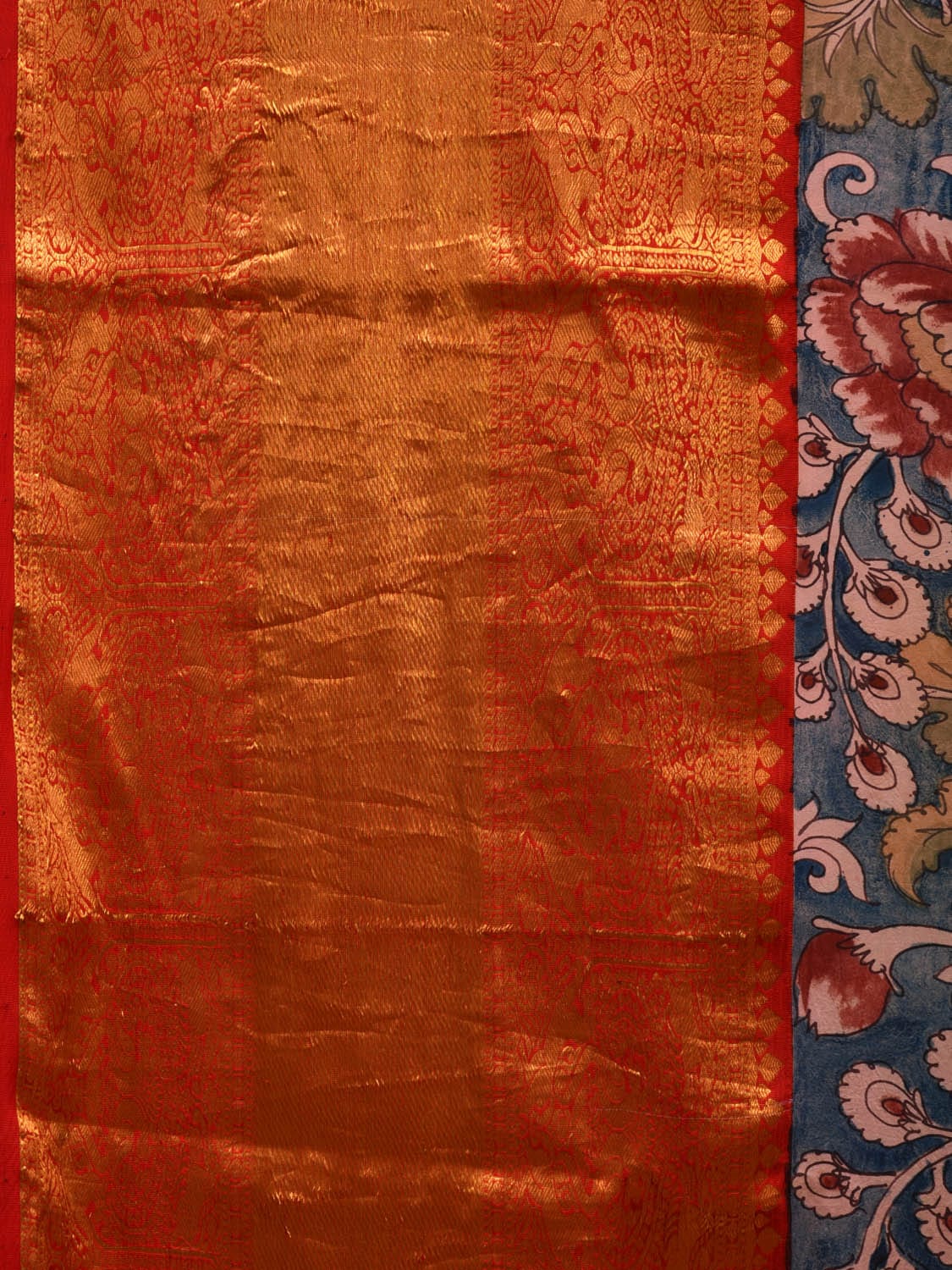 Blue and Red Kalamkari Hand Painted Kanchipuram Silk Handloom Saree with Lotus Flowers Design KL0635