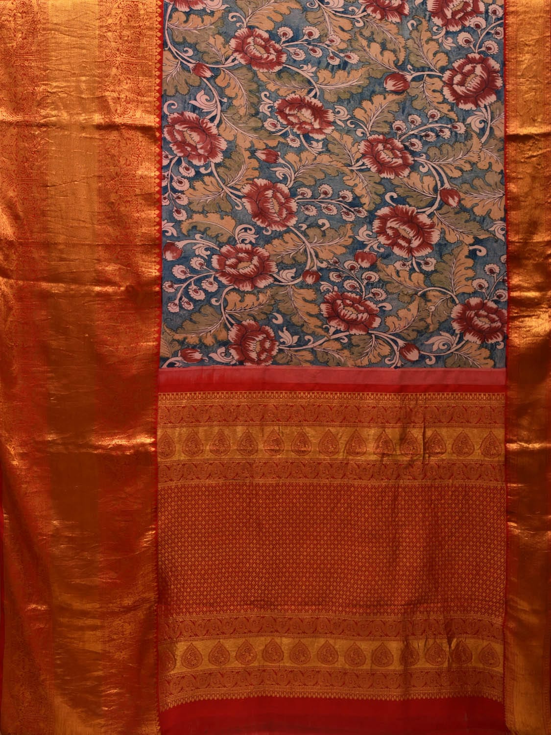 Blue and Red Kalamkari Hand Painted Kanchipuram Silk Handloom Saree with Lotus Flowers Design KL0635