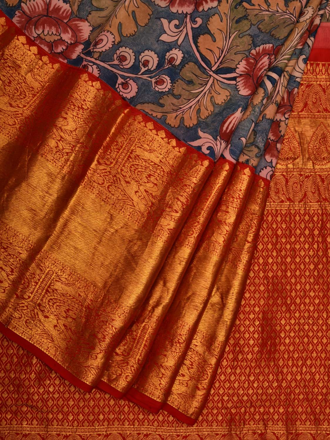 Blue and Red Kalamkari Hand Painted Kanchipuram Silk Handloom Saree with Lotus Flowers Design KL0635