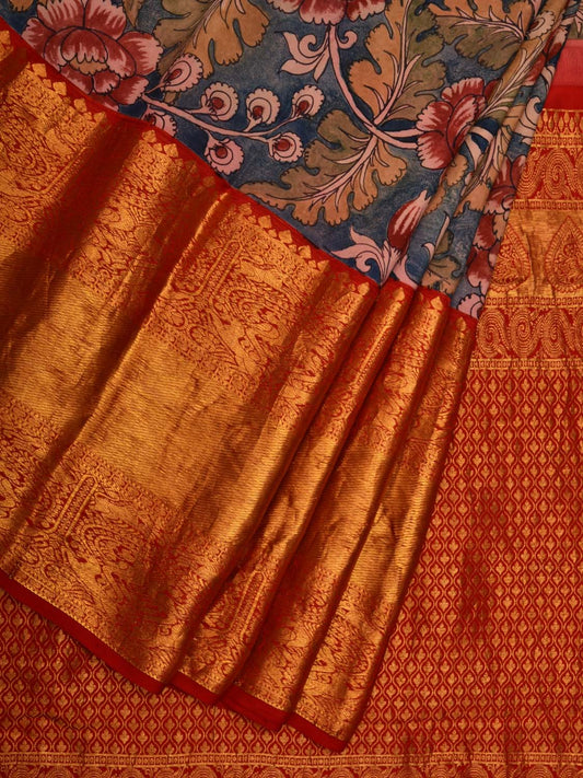 Blue and Red Kalamkari Hand Painted Kanchipuram Silk Handloom Saree with Lotus Flowers Design KL0635