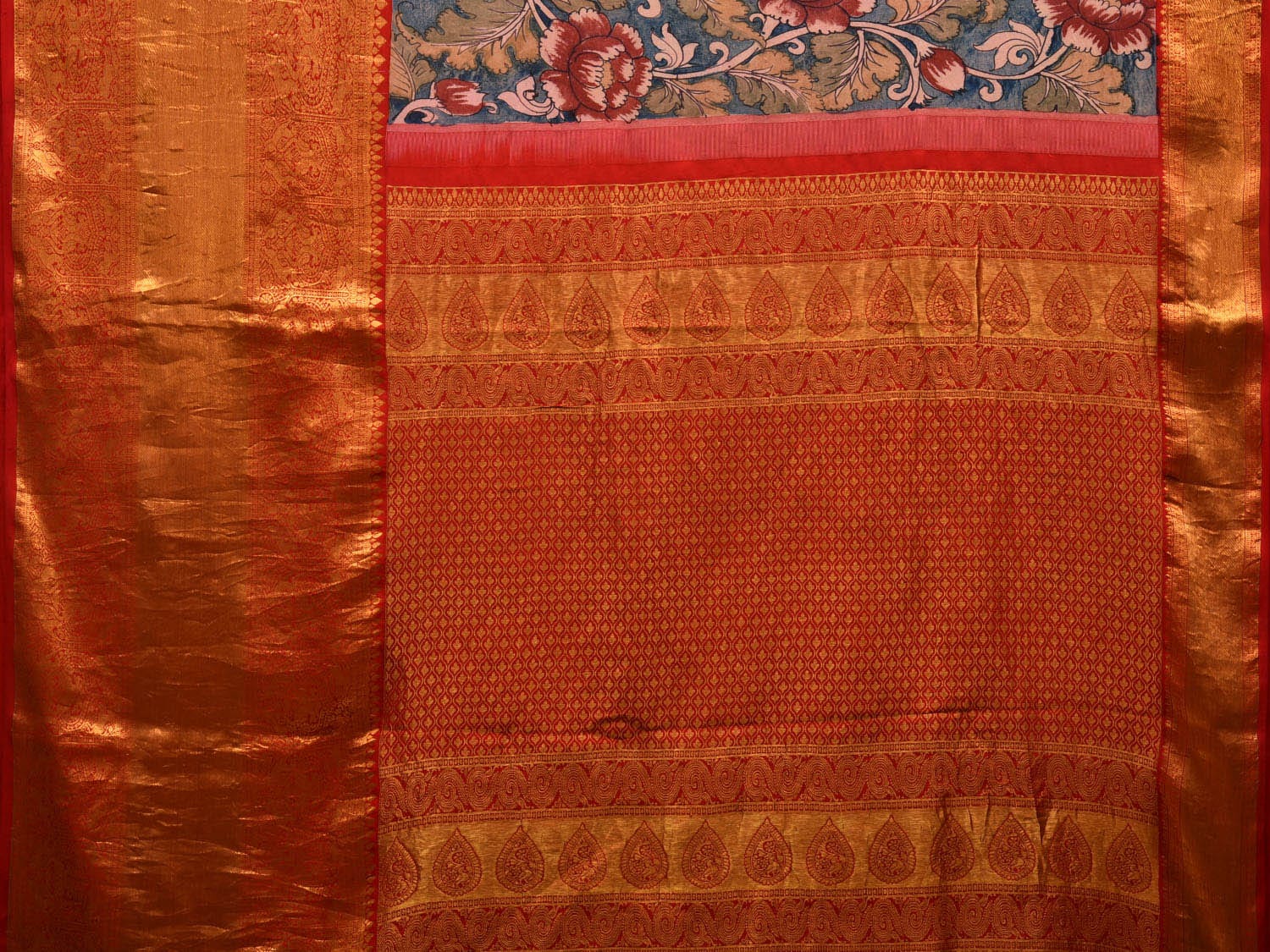 Blue and Red Kalamkari Hand Painted Kanchipuram Silk Handloom Saree with Lotus Flowers Design KL0635