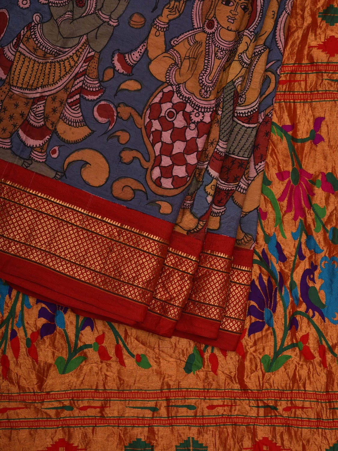 Blue and Red Kalamkari Hand Painted Paithani Silk Handloom Saree with Dashavatar Design KL0607