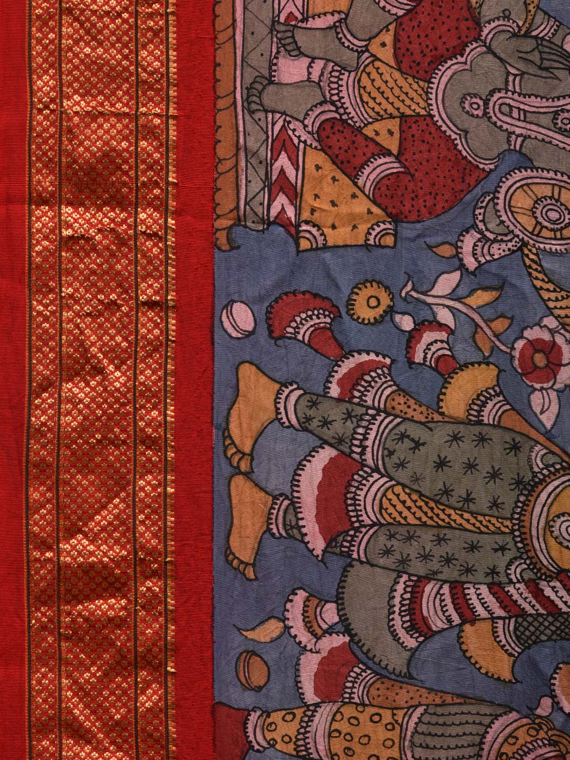 Blue and Red Kalamkari Hand Painted Paithani Silk Handloom Saree with Dashavatar Design KL0607