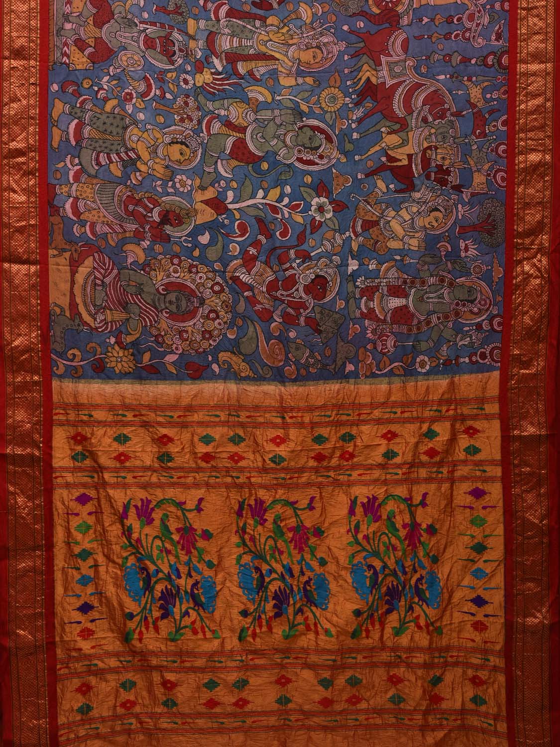 Blue and Red Kalamkari Hand Painted Paithani Silk Handloom Saree with Dashavatar Design KL0607