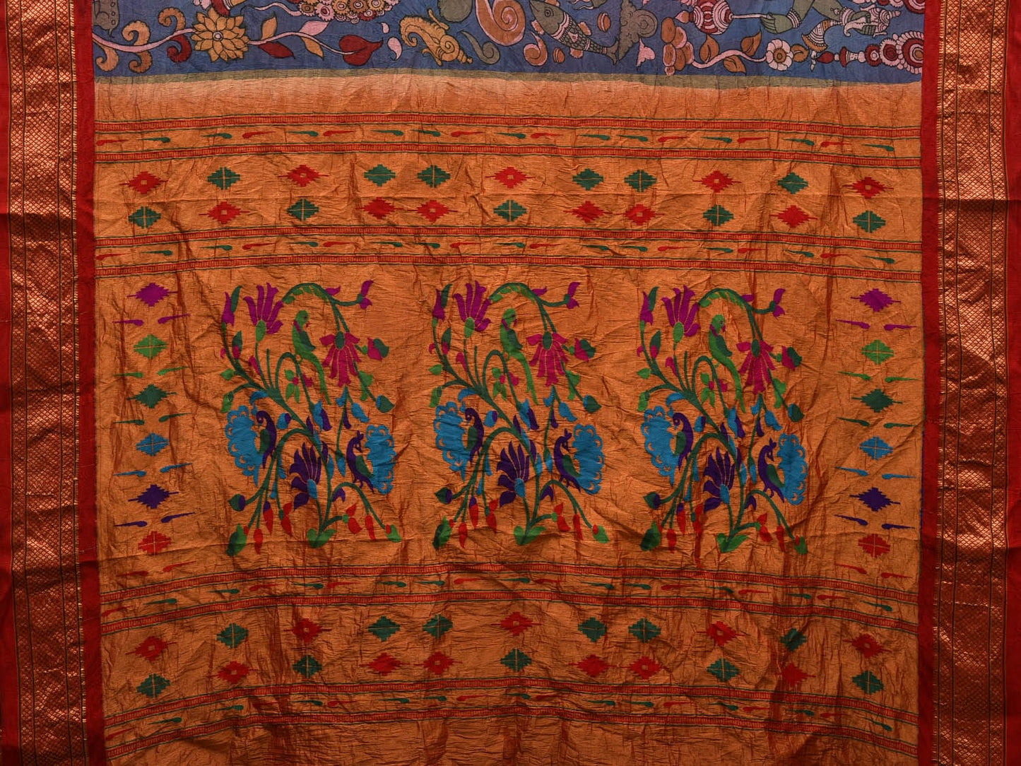 Blue and Red Kalamkari Hand Painted Paithani Silk Handloom Saree with Dashavatar Design KL0607