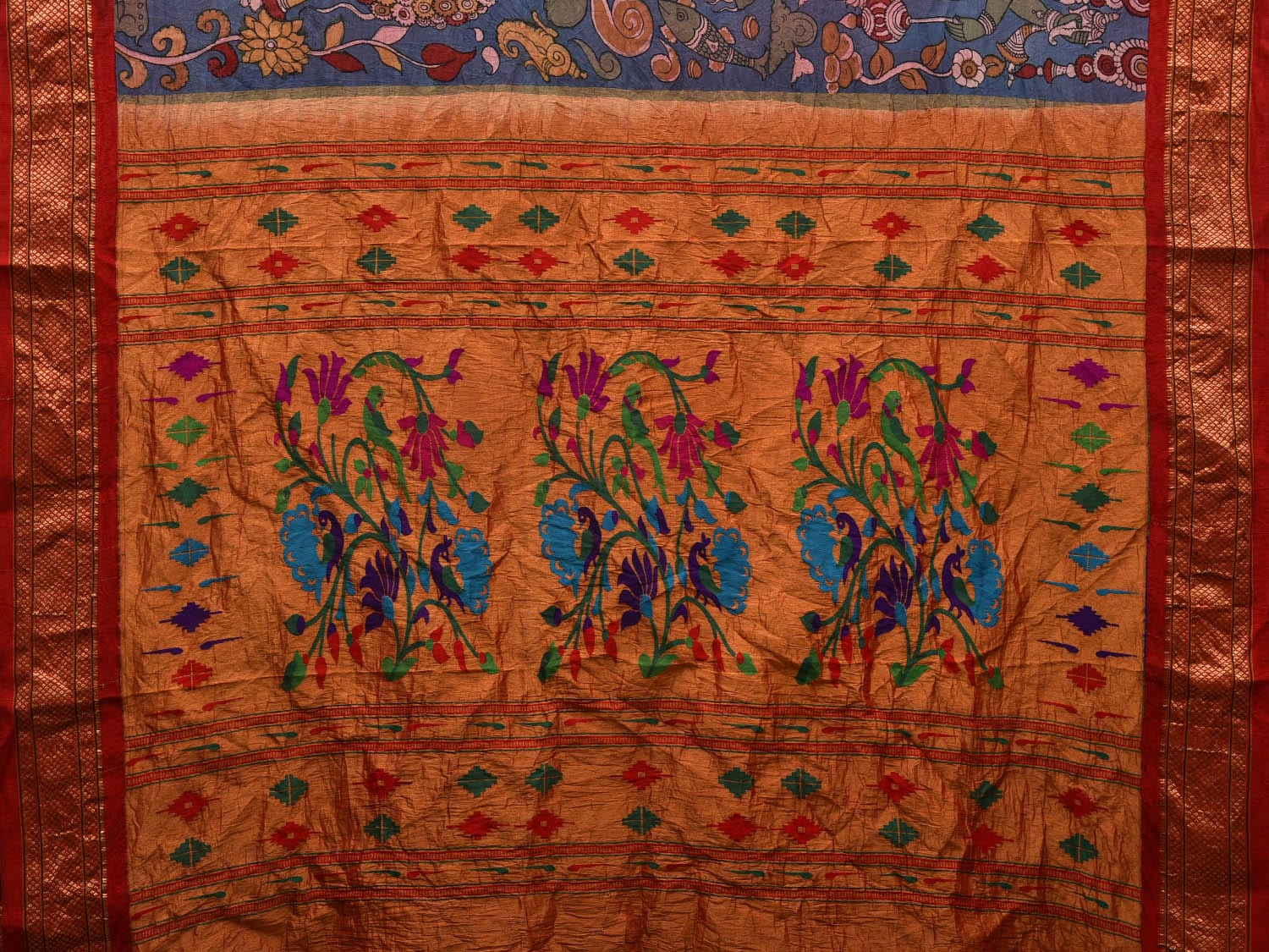 Blue and Red Kalamkari Hand Painted Paithani Silk Handloom Saree with Dashavatar Design KL0607