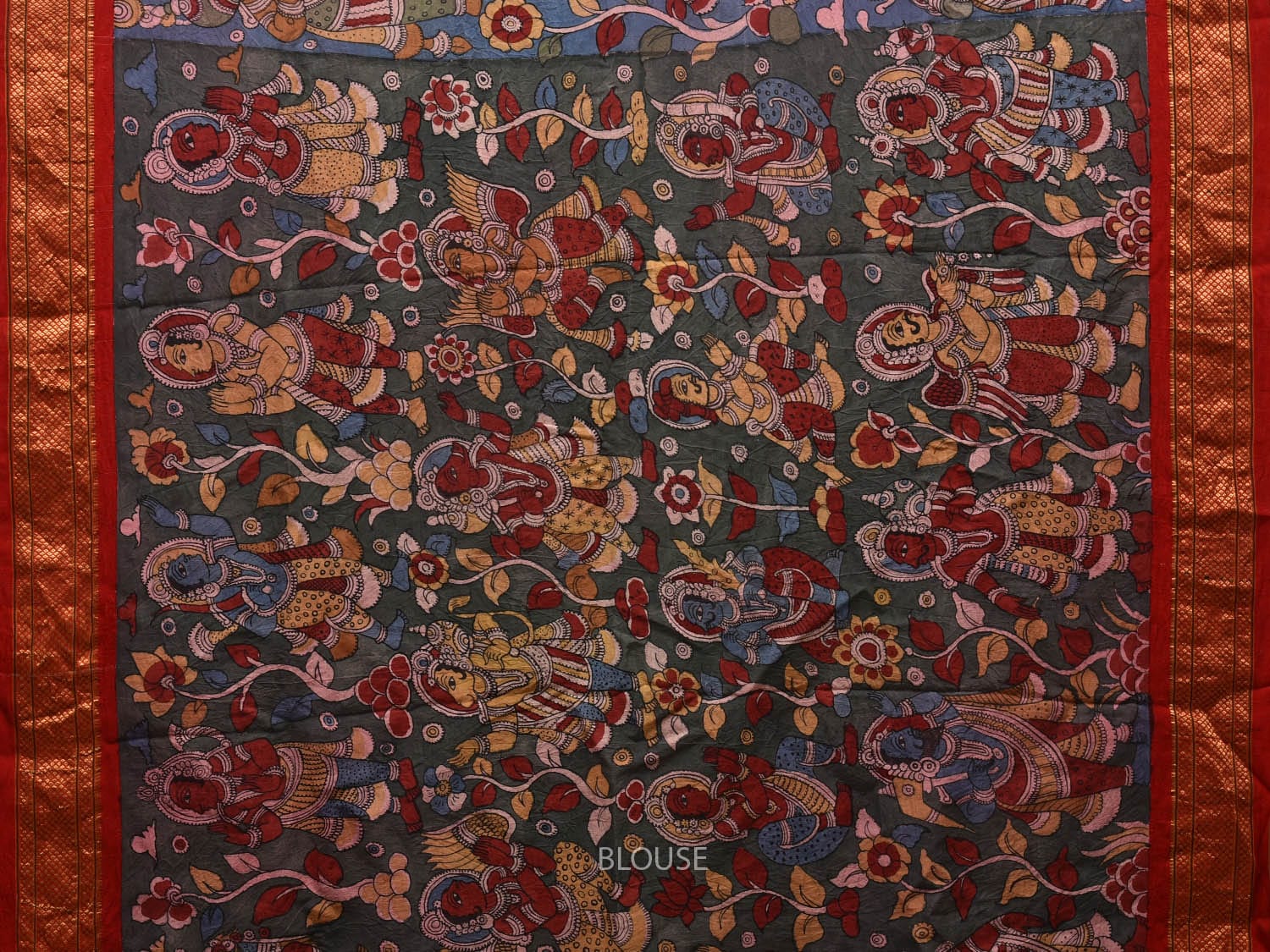 Blue and Red Kalamkari Hand Painted Paithani Silk Handloom Saree with Dashavatar Design KL0607