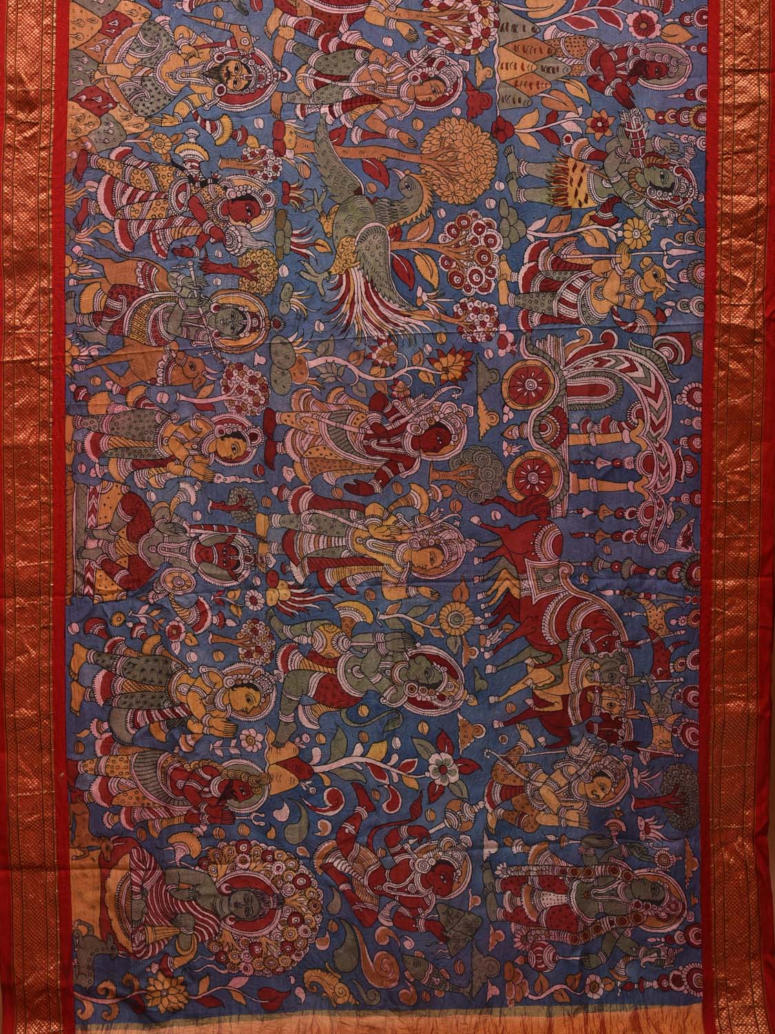 Blue and Red Kalamkari Hand Painted Paithani Silk Handloom Saree with Dashavatar Design KL0607