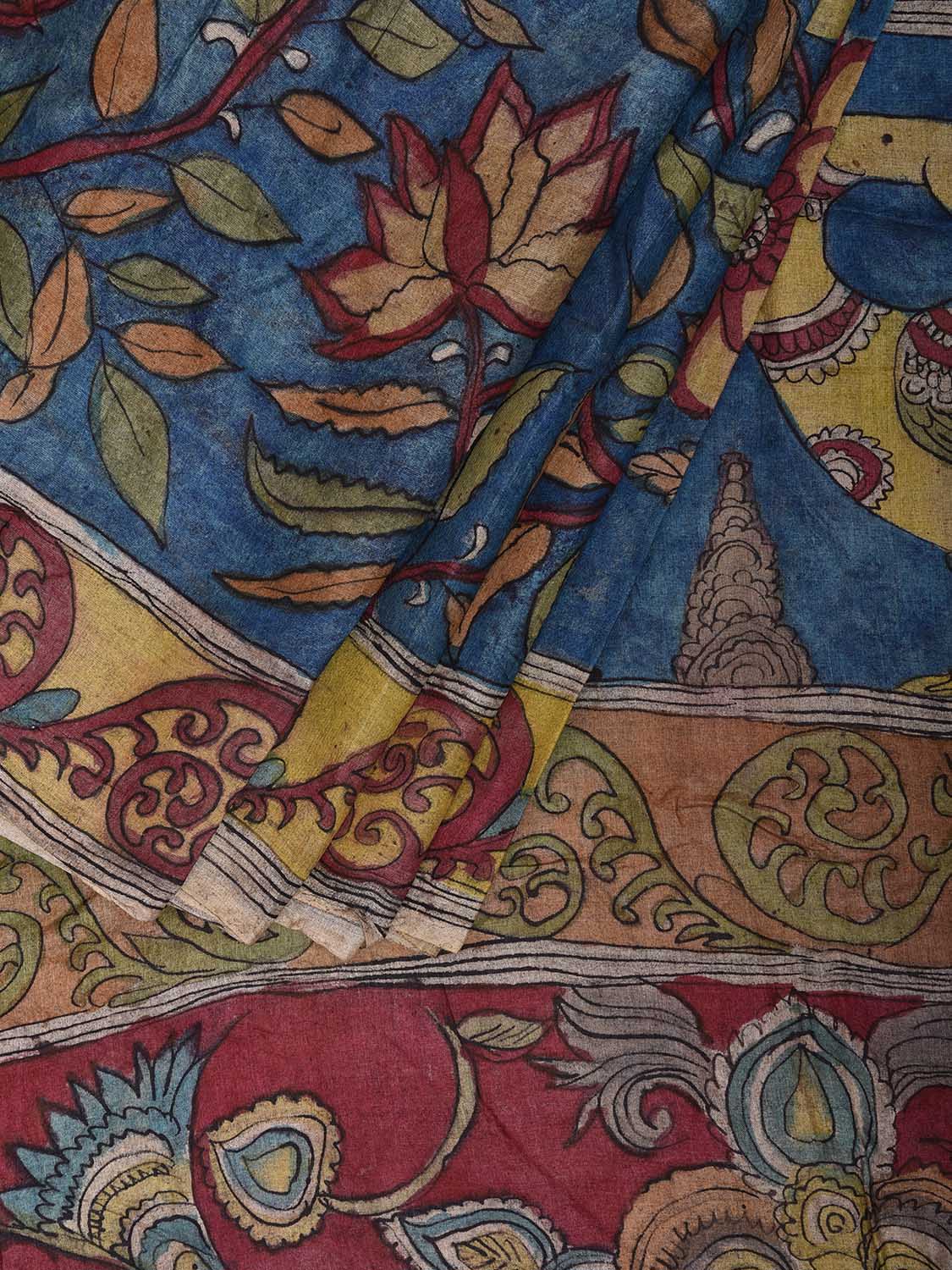 Blue and Red Kalamkari Hand Painted Tussar Handloom Saree with Floral and Peacocks Pallu Design KL0802