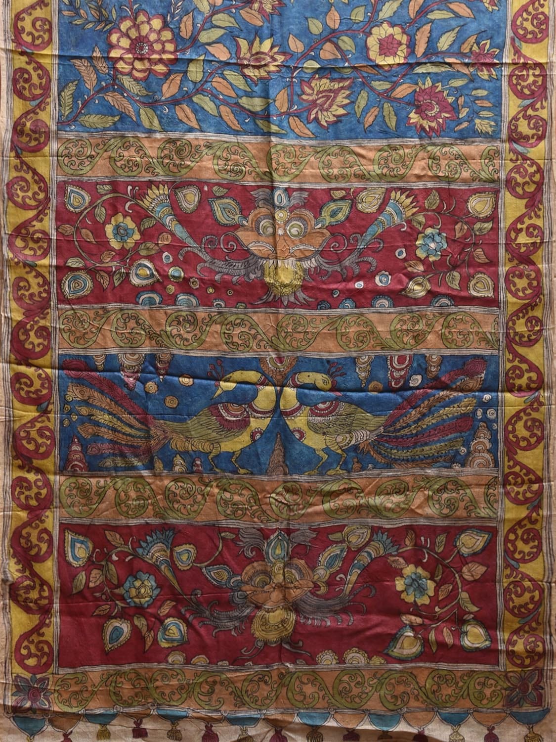 Blue and Red Kalamkari Hand Painted Tussar Handloom Saree with Floral and Peacocks Pallu Design KL0802