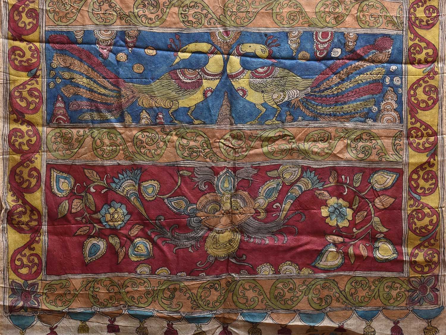 Blue and Red Kalamkari Hand Painted Tussar Handloom Saree with Floral and Peacocks Pallu Design KL0802