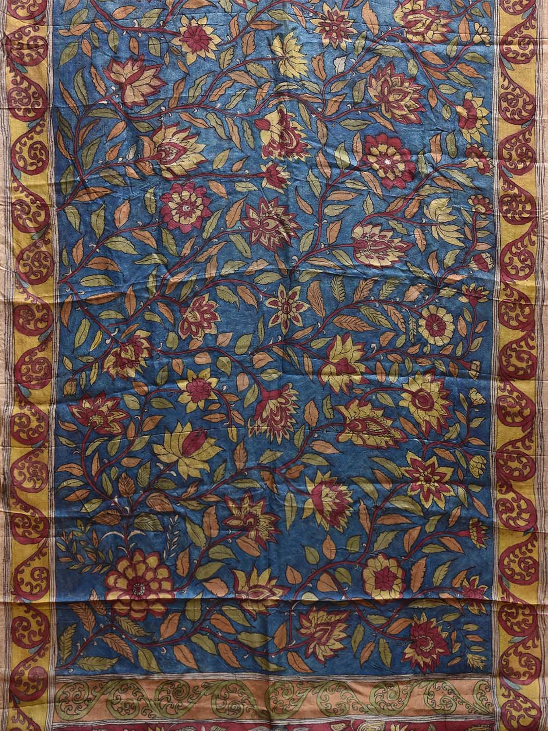 Blue and Red Kalamkari Hand Painted Tussar Handloom Saree with Floral and Peacocks Pallu Design KL0802