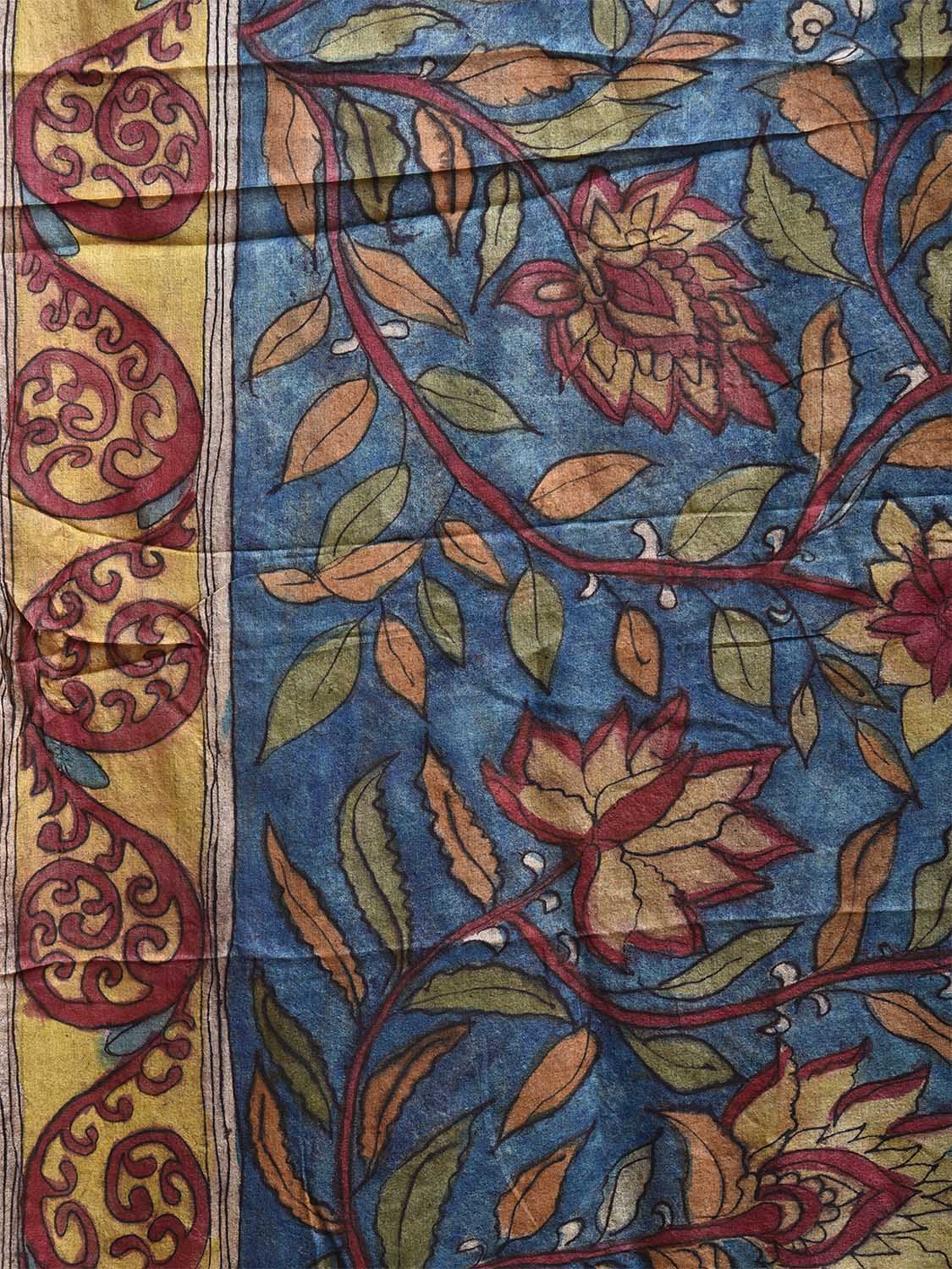 Blue and Red Kalamkari Hand Painted Tussar Handloom Saree with Floral and Peacocks Pallu Design KL0802