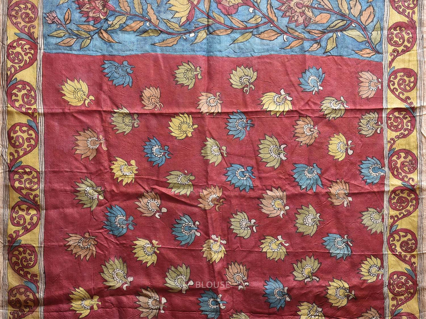 Blue and Red Kalamkari Hand Painted Tussar Handloom Saree with Floral and Peacocks Pallu Design KL0802