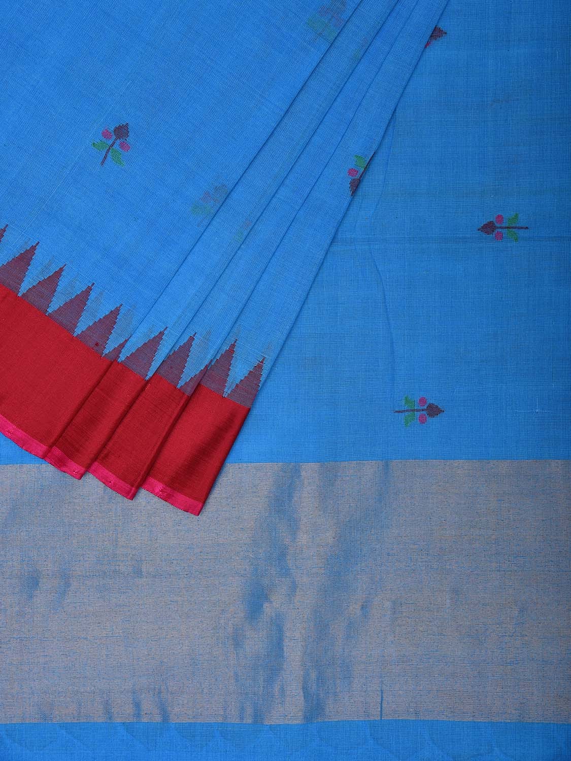 Blue and Red Khadi Cotton Handloom Saree with Jamdani Buta Design kh0690