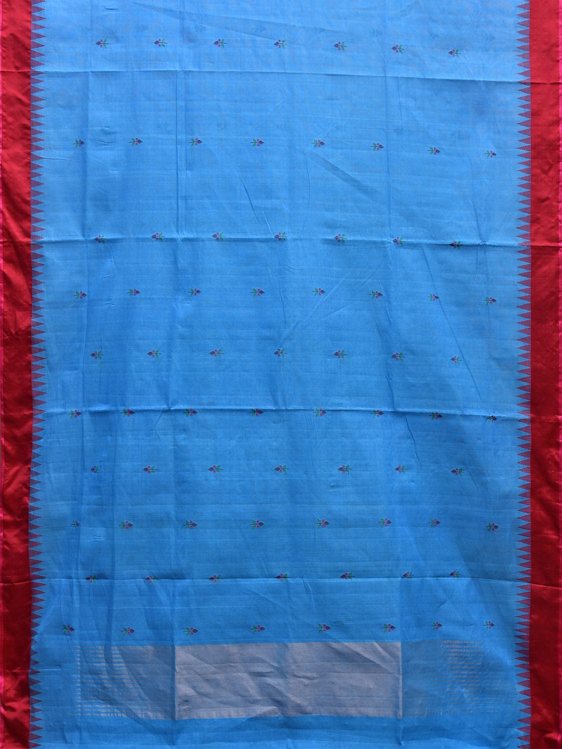 Blue and Red Khadi Cotton Handloom Saree with Jamdani Buta Design kh0690