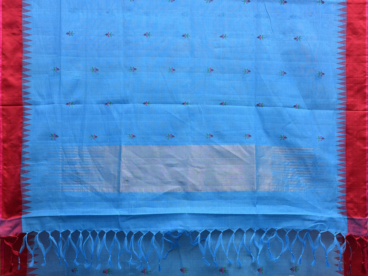 Blue and Red Khadi Cotton Handloom Saree with Jamdani Buta Design kh0690