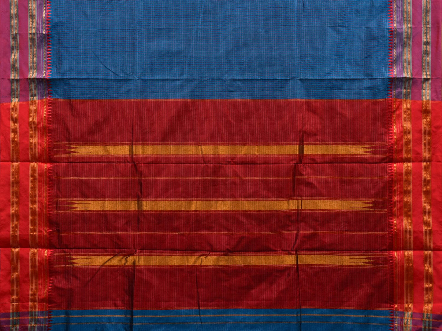 Blue and Red Narayanpet Silk Handloom Plain Saree with Traditional Border Design No Blouse np0582