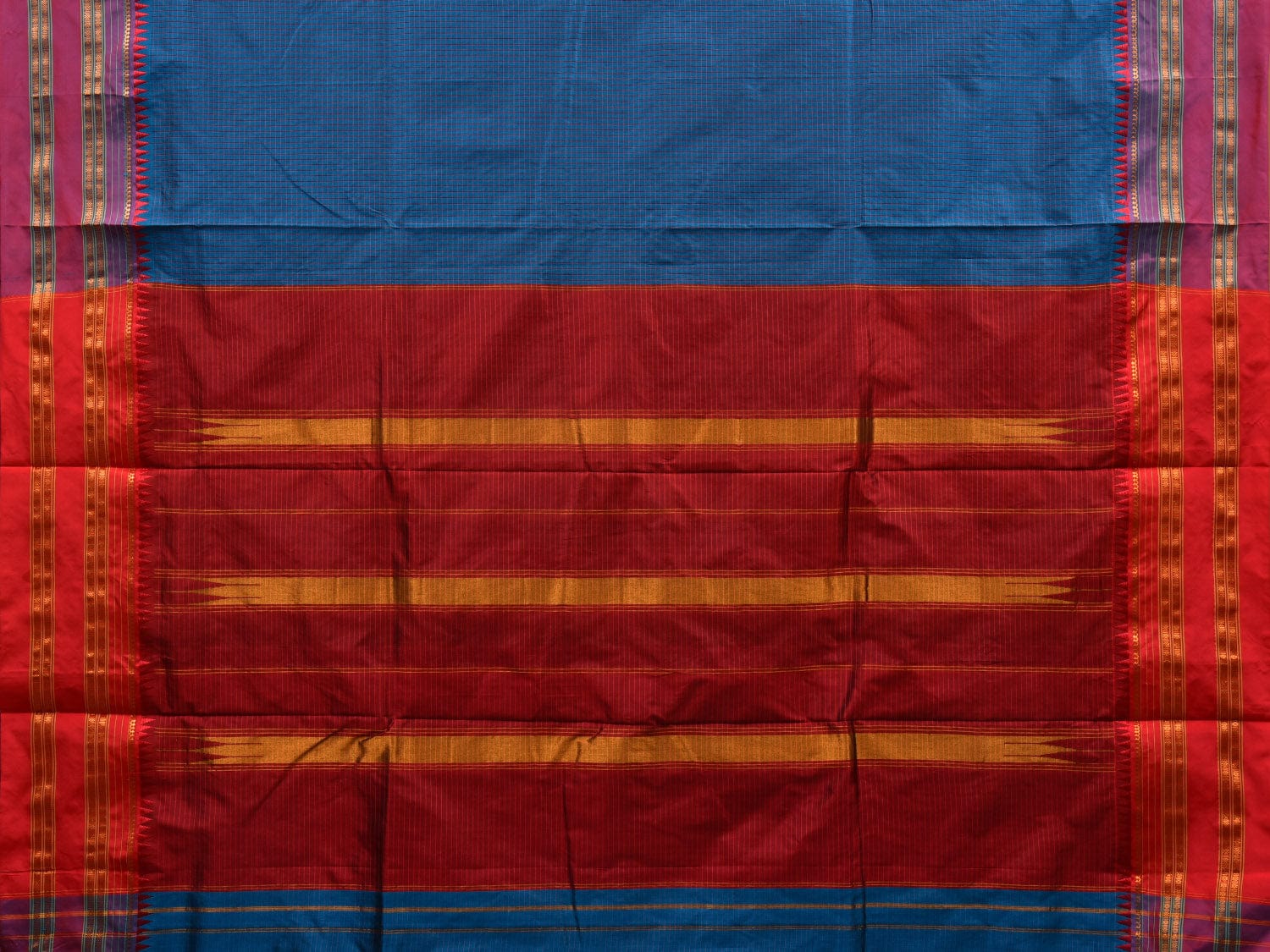 Blue and Red Narayanpet Silk Handloom Plain Saree with Traditional Border Design No Blouse np0582