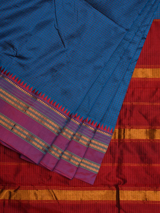 Blue and Red Narayanpet Silk Handloom Plain Saree with Traditional Border Design No Blouse np0582