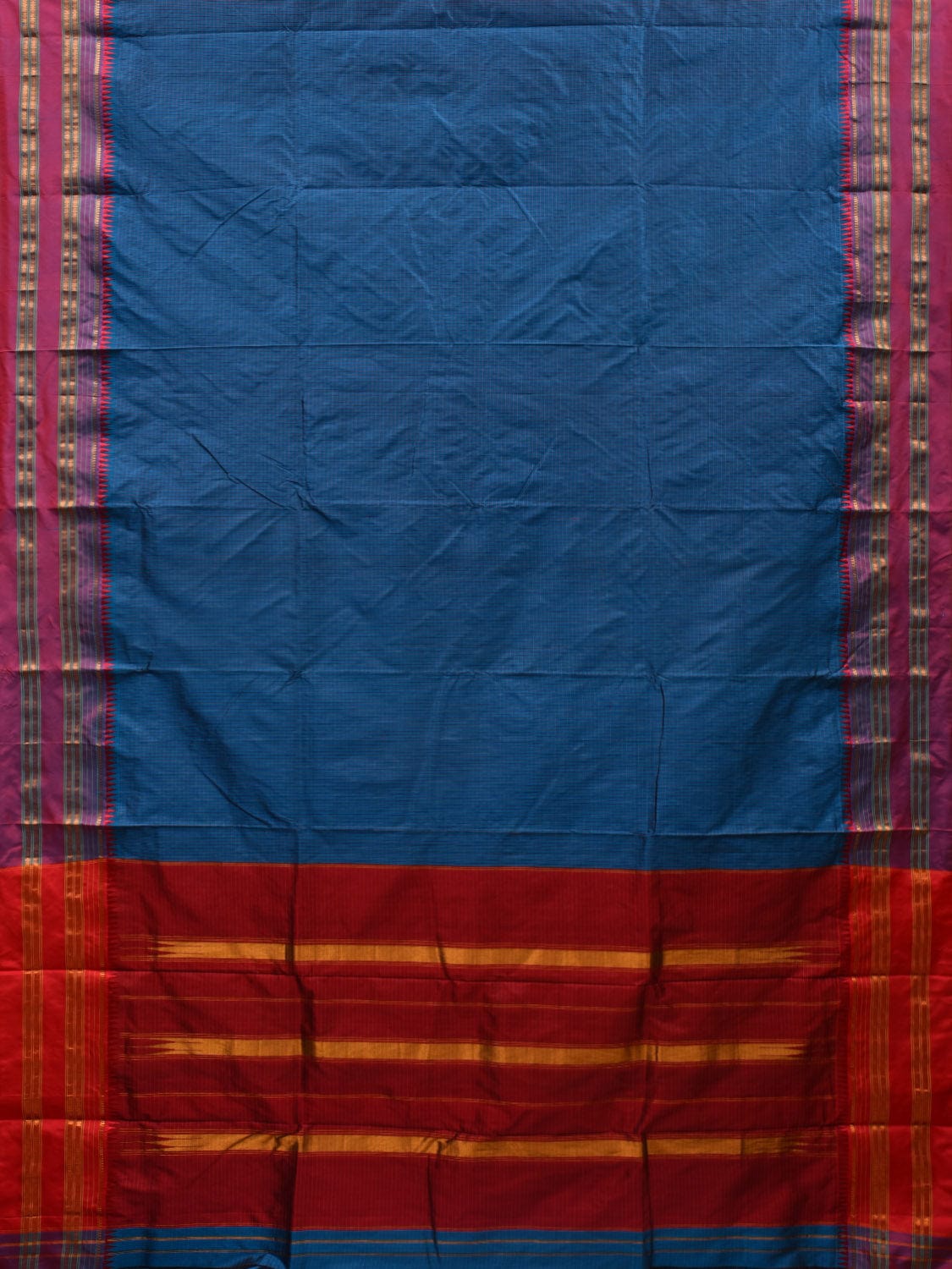 Blue and Red Narayanpet Silk Handloom Plain Saree with Traditional Border Design No Blouse np0582