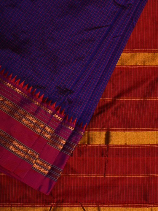 Blue and Red Narayanpet Silk Handloom Saree with Checks Design No Blouse np0435