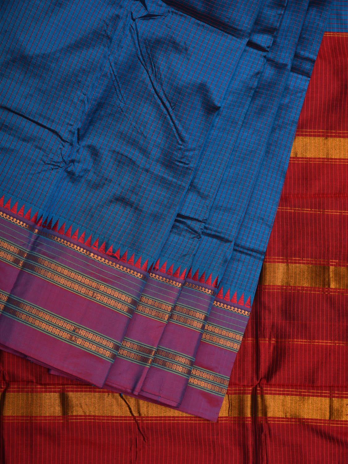 Blue and Red Narayanpet Silk Handloom Saree with Checks Design No Blouse np0653