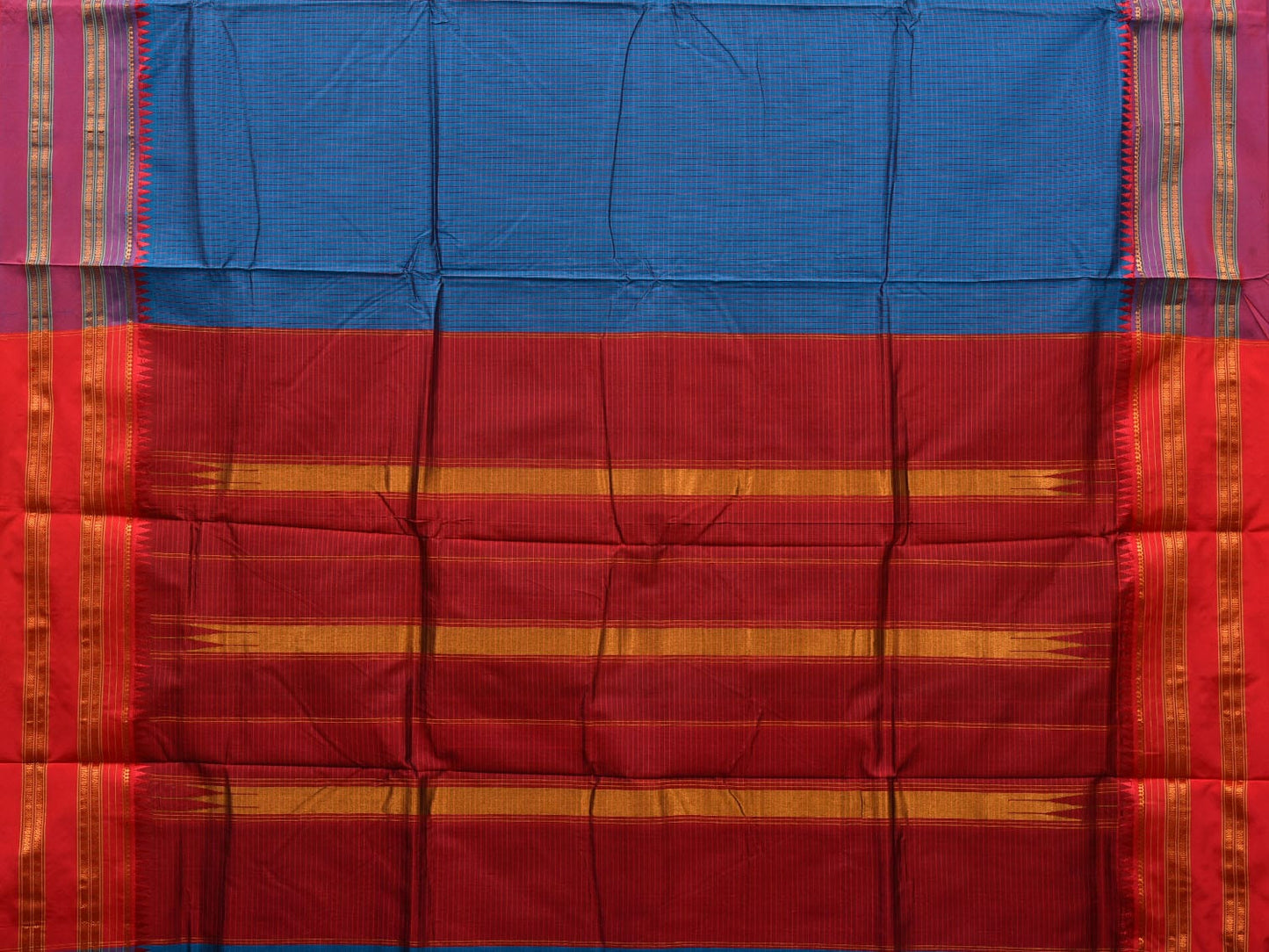 Blue and Red Narayanpet Silk Handloom Saree with Checks Design No Blouse np0653