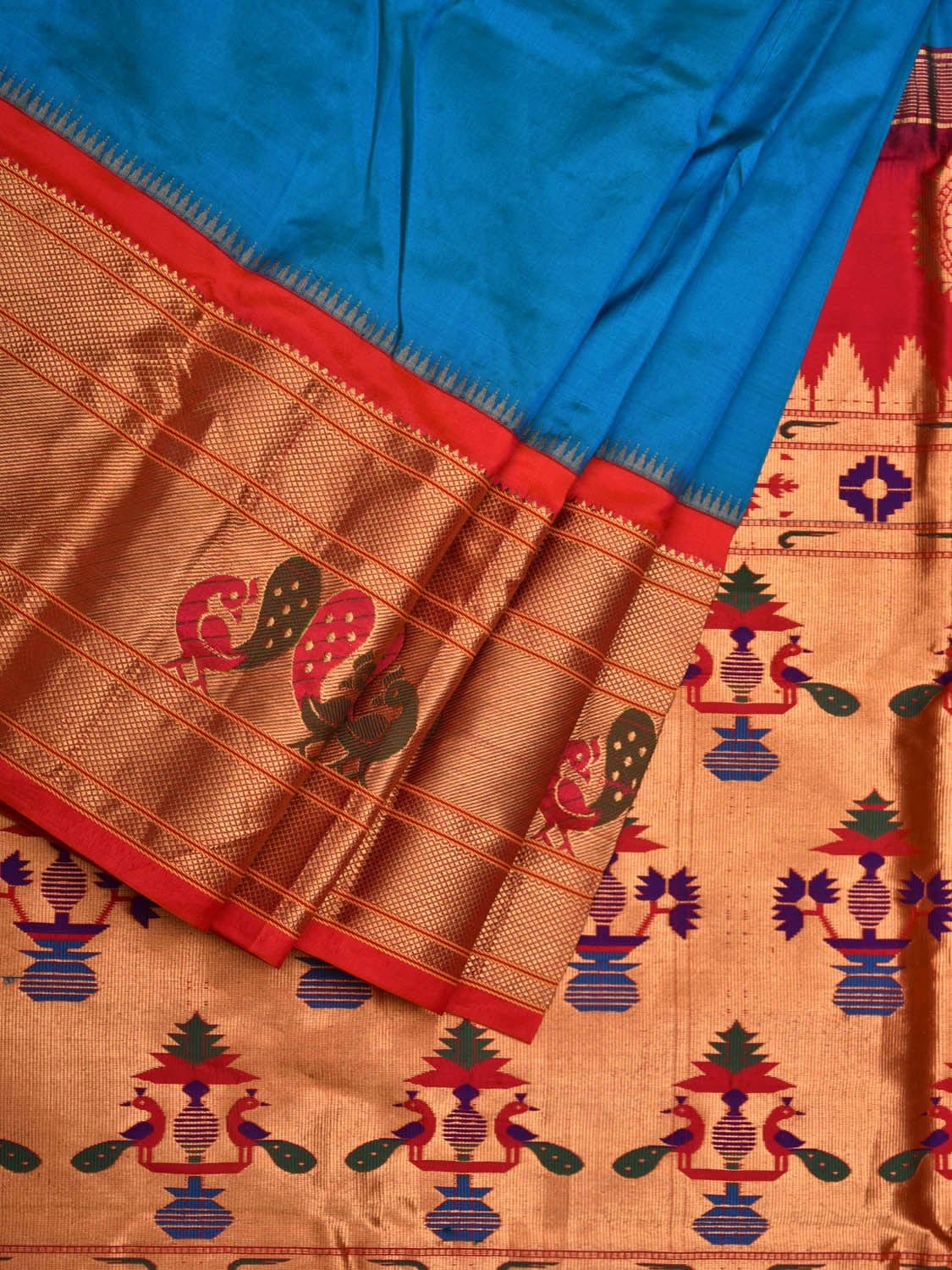 Blue and Red Paithani Silk Handloom Saree with Border and Body Buta Design p0429