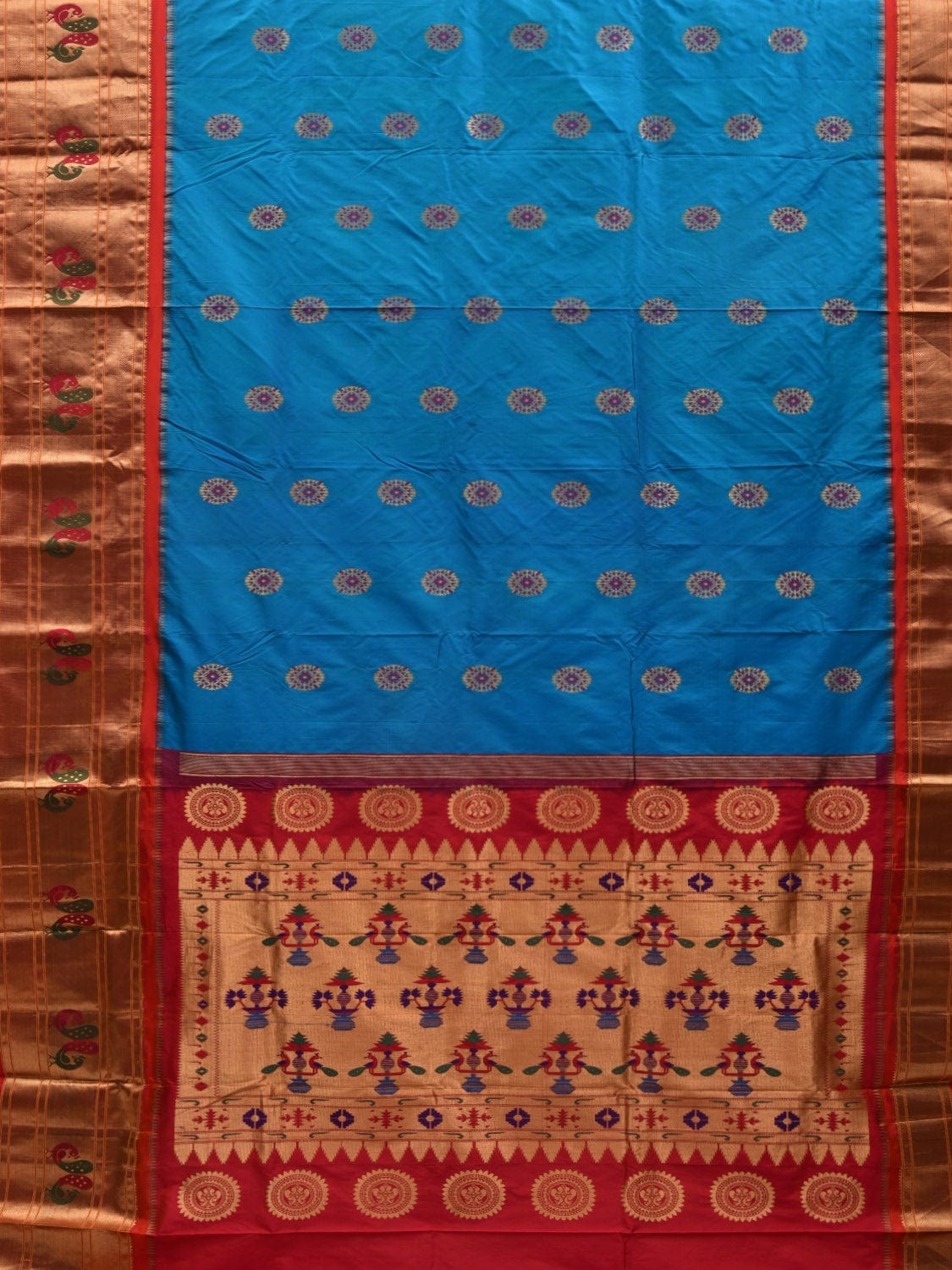 Blue and Red Paithani Silk Handloom Saree with Border and Body Buta Design p0429