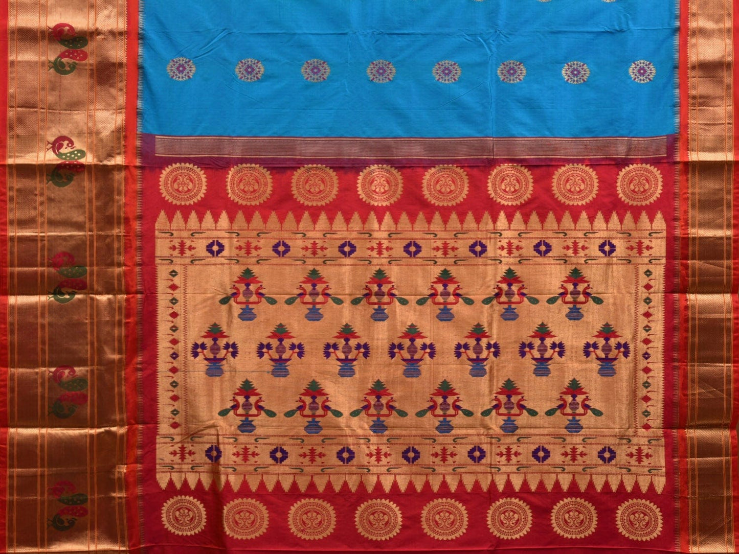 Blue and Red Paithani Silk Handloom Saree with Border and Body Buta Design p0429