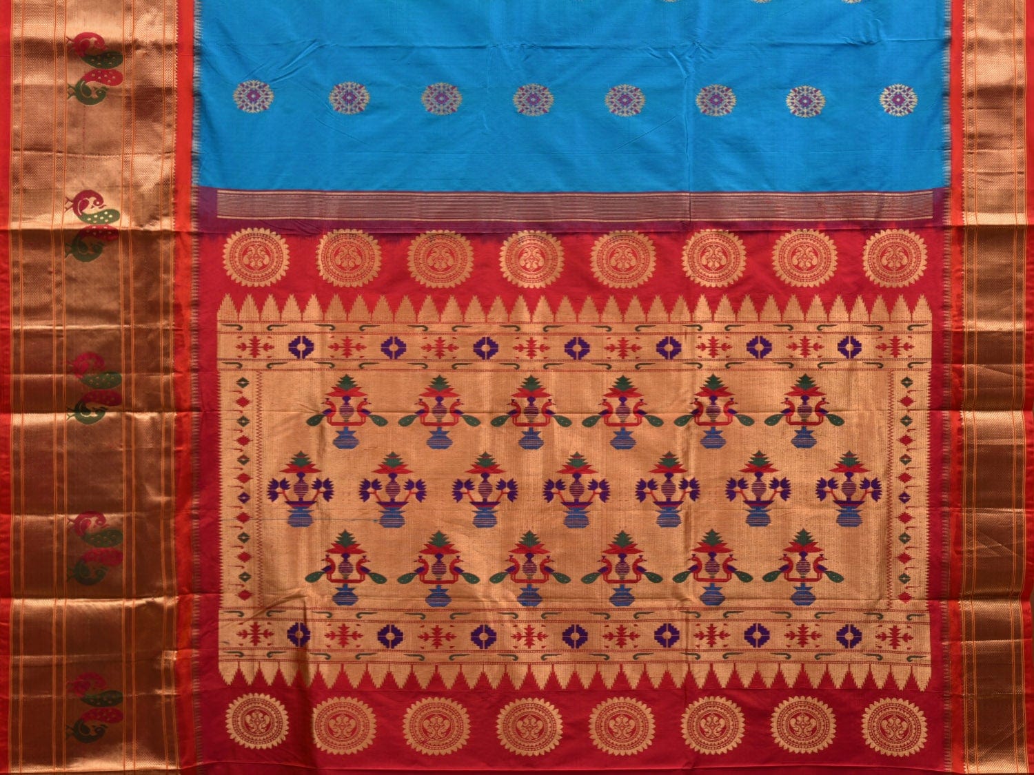 Blue and Red Paithani Silk Handloom Saree with Border and Body Buta Design p0429