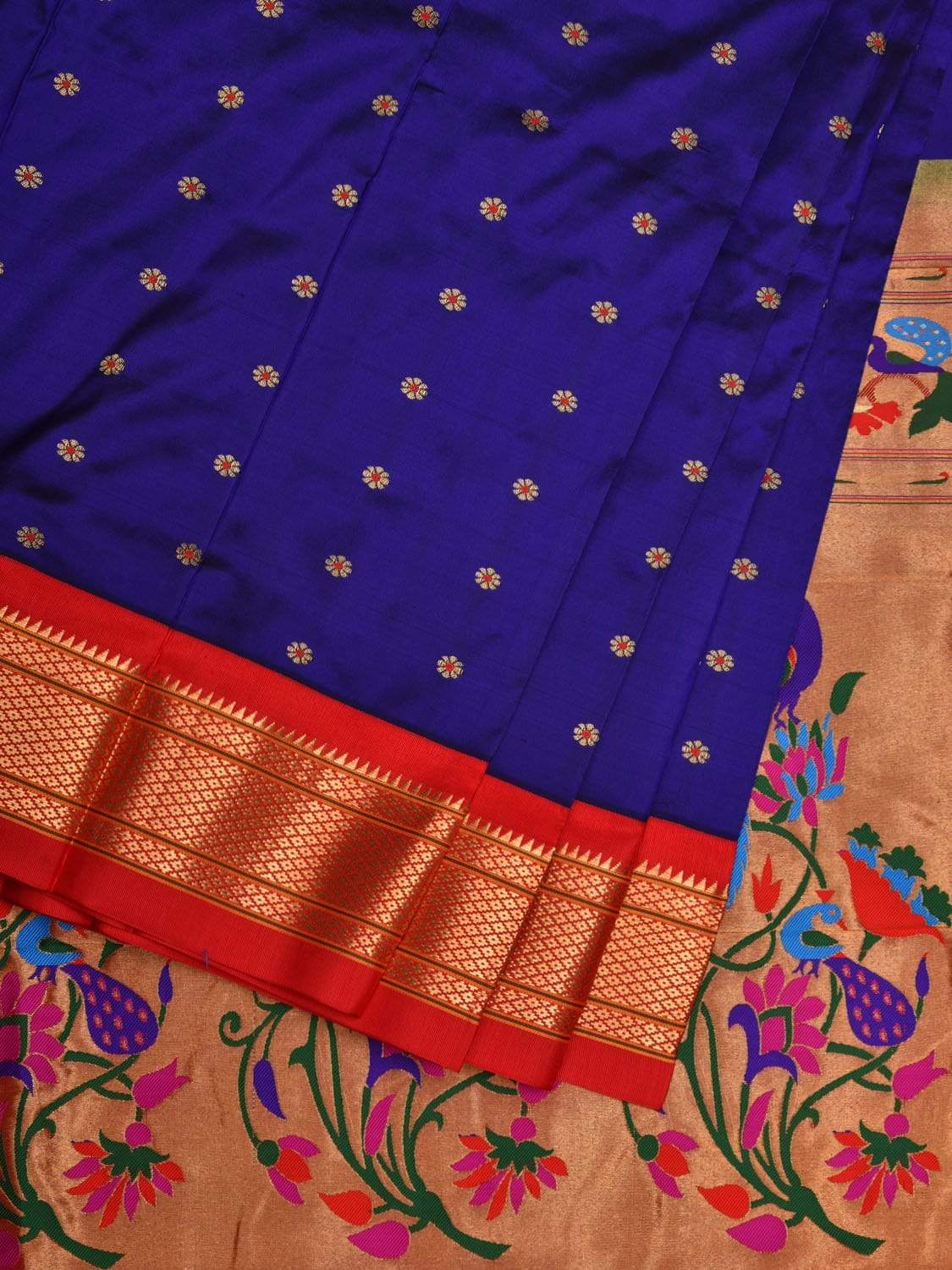 Blue and Red Paithani Silk Handloom Saree with Pallu Design p0378