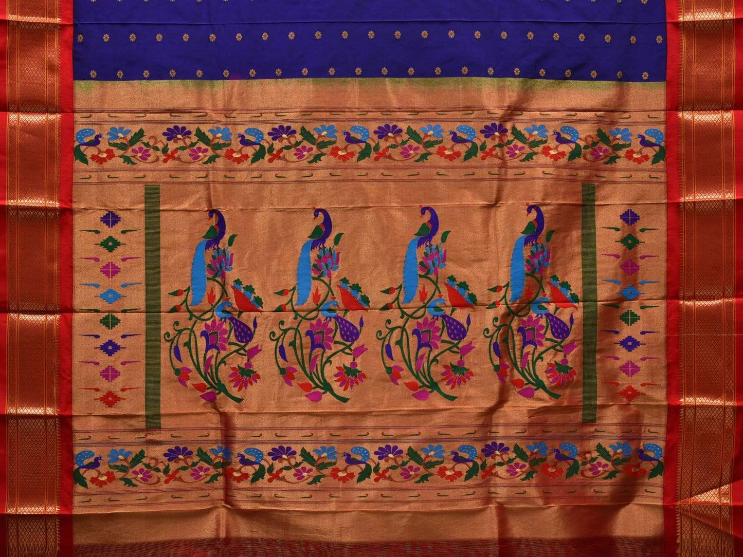 Blue and Red Paithani Silk Handloom Saree with Pallu Design p0378