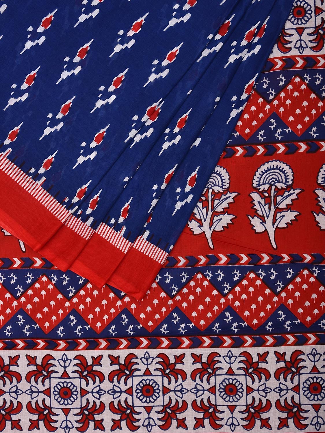 Blue and Red Pedana Block Print Cotton Saree with Buta and Pallu Design o0534