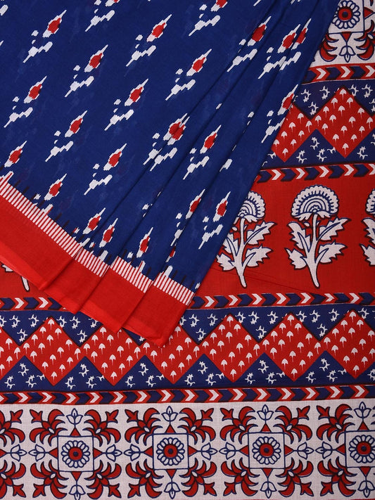 Blue and Red Pedana Block Print Cotton Saree with Buta and Pallu Design o0534