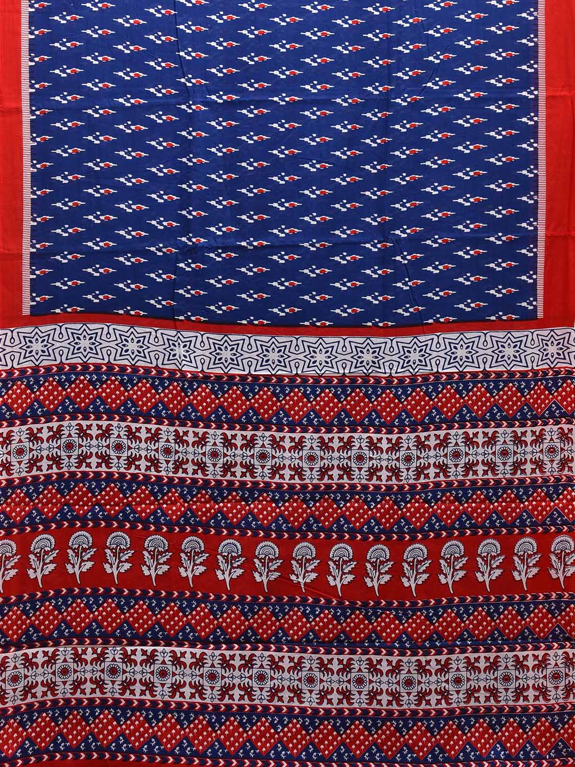 Blue and Red Pedana Block Print Cotton Saree with Buta and Pallu Design o0534
