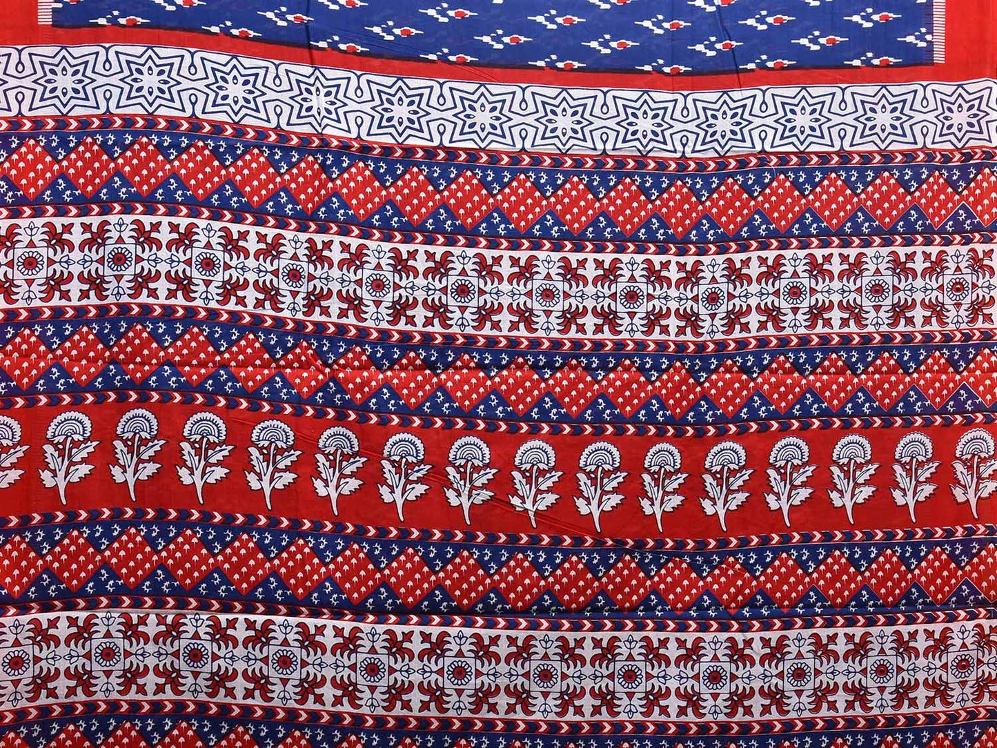 Blue and Red Pedana Block Print Cotton Saree with Buta and Pallu Design o0534