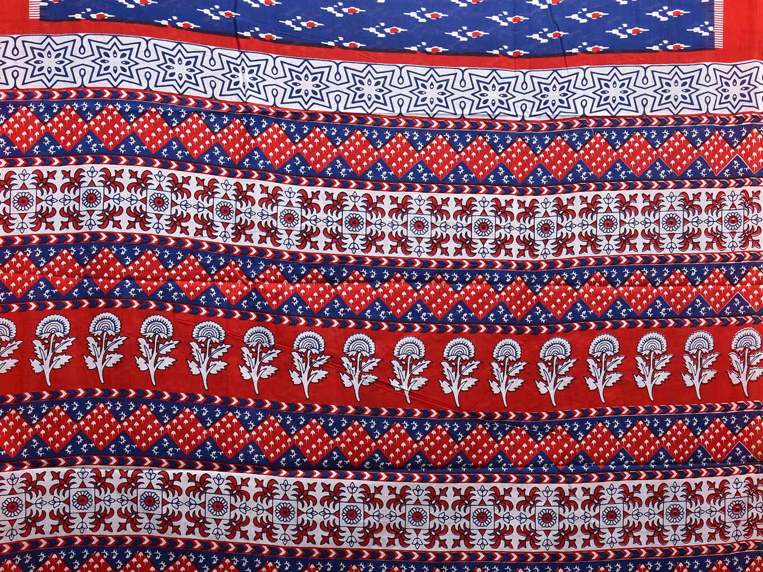 Blue and Red Pedana Block Print Cotton Saree with Buta and Pallu Design o0534