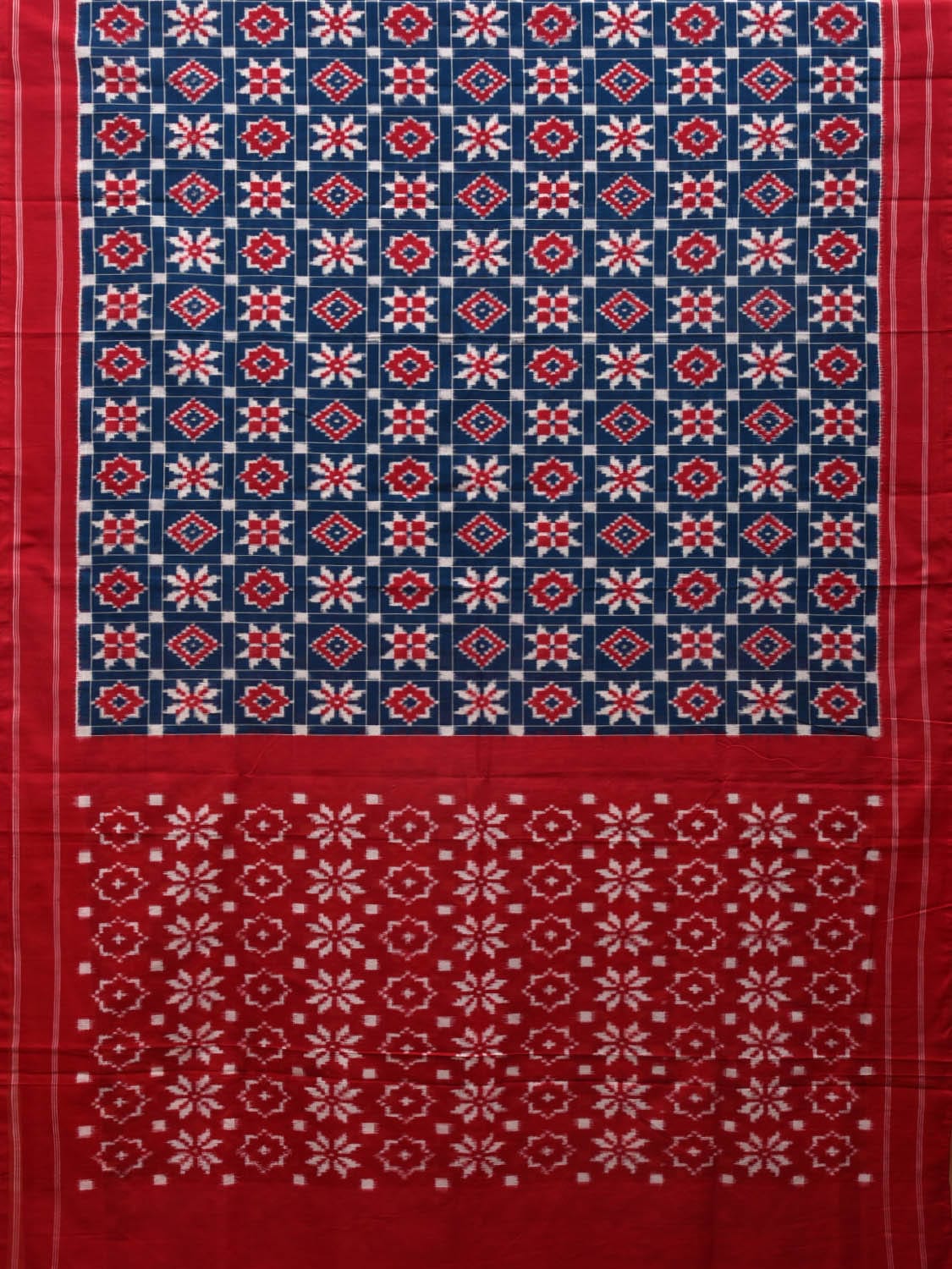 Blue and Red Pochampally Double Ikat Cotton Handloom Saree with Telia and Checks Design i0698